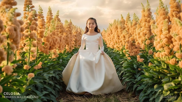 Photo beautiful girl in white dress travel at celosia flowers fields chiang mai