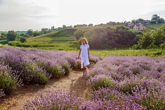 Photo beautiful girl in white dress with basket and straw hat on lavender field