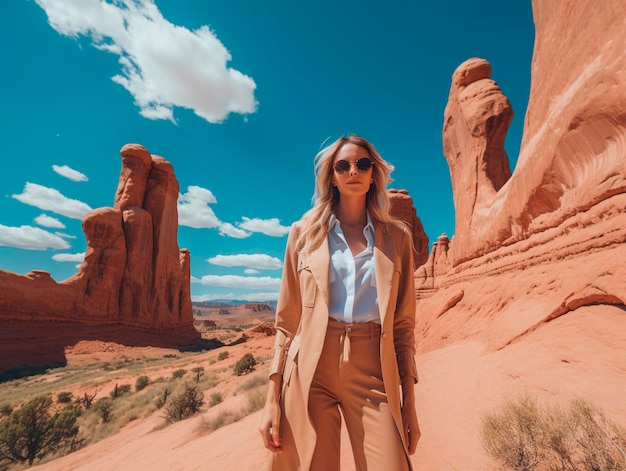 Beautiful girl in a white jacket and sunglasses in the Valley of Fire State Park in Nevada