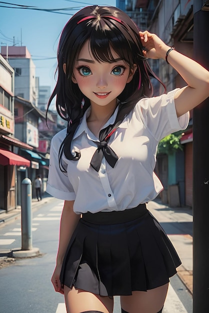 白いシャツと黒いスカートを着た美しい女の子が街でポーズをとっている