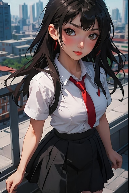 A beautiful girl in a white shirt and black skirt with red tie school uniform