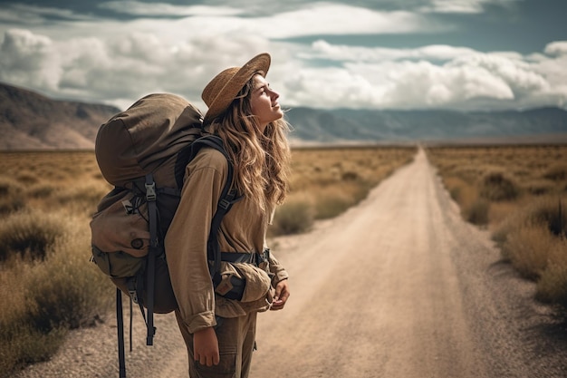 Foto bella ragazza a cui piace viaggiare con lo zaino in spalla e l'autostop durante i suoi viaggi ia generativa