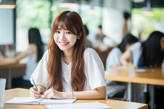 A beautiful girl who is a college student studying handwriting