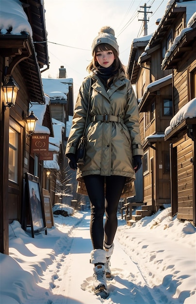 Beautiful girl in winter snowcovered village at Christmas time