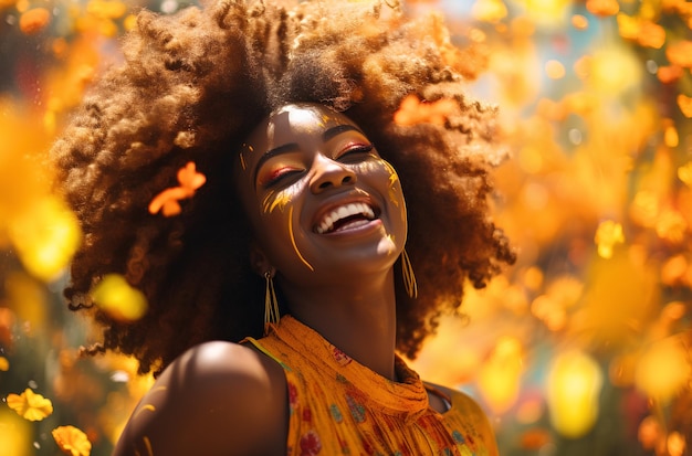 Красивая девушка с афро-волосами танцует в ярком платье летом с цветами