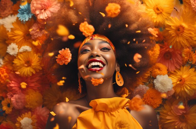 Beautiful Girl with Afro Hair dancing with colorful dress in summer with flowers