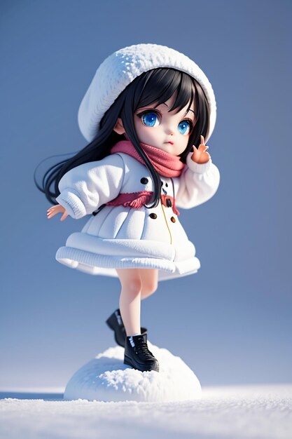 Beautiful girl with big eyes playing in the cold winter snow cartoon anime style young girl