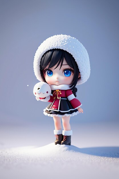 Beautiful girl with big eyes playing in the cold winter snow cartoon anime style young girl