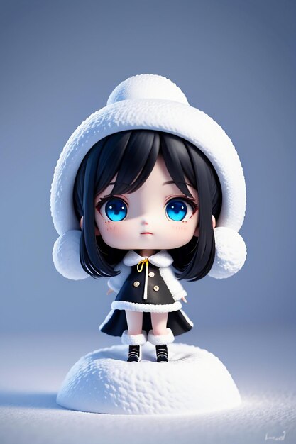 Beautiful girl with big eyes playing in the cold winter snow cartoon anime style young girl