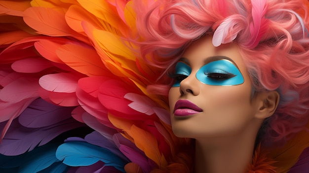 Photo beautiful girl with blue makeup and colorful feathers on her head copyspace