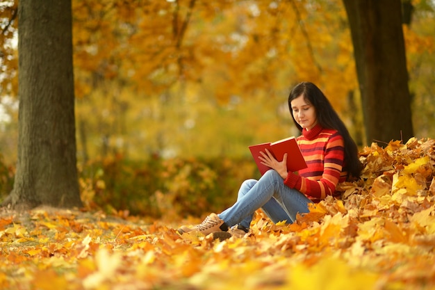 Beautiful girl with book in the autumn park