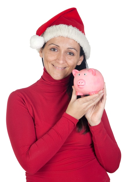 Beautiful girl with Christmas hat saving isolated over white