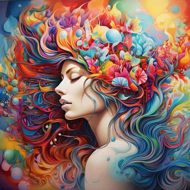 Beautiful girl with colored hair and flowers Abstract woman esoteric