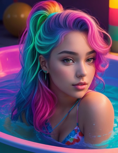 Beautiful girl with colored hair in the water