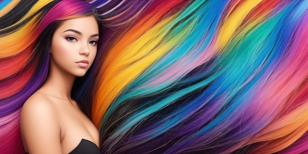 Beautiful girl with colorful hair Portrait of a young woman with rainbow dyed hairstyle Female profile on background of colored fluttering curls Professional haircut and coloring Generative AI