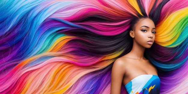 Beautiful girl with colorful hair Young African American woman with rainbow dyed hairstyle Female face on background of colored fluttering curls Professional haircut and coloring Generative AI