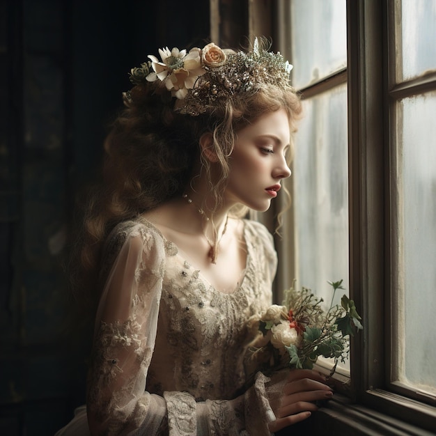 Photo beautiful girl with a dress like a princess sitting looking out the window