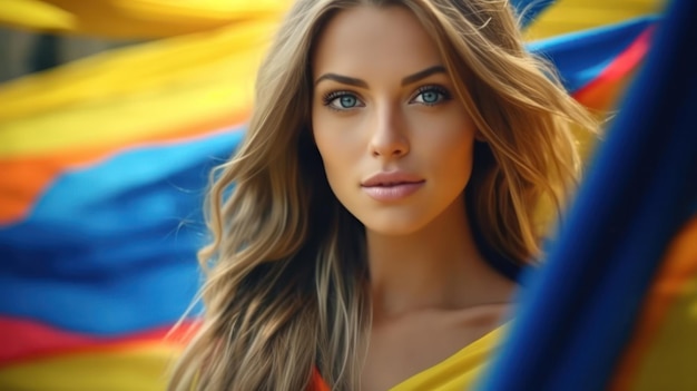 Beautiful girl with elements of clothing in the color of the Ukrainian flag yellowblue sky