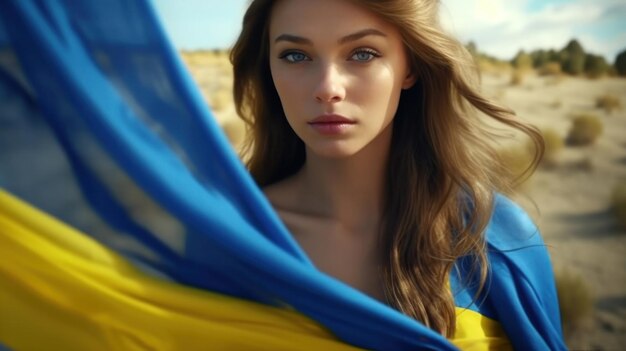 Beautiful girl with elements of clothing in the color of the Ukrainian flag yellowblue sky