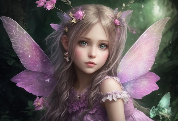 Photo beautiful girl with fairy wings and flowers in her hair