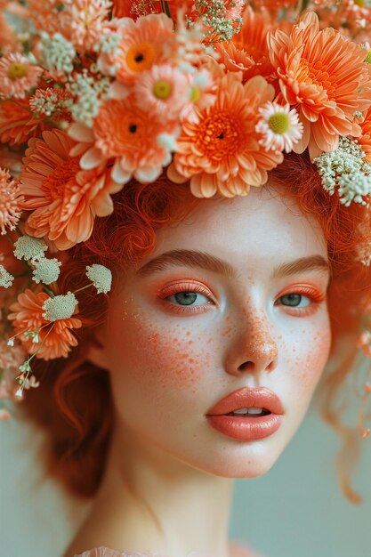 그녀의 머리에 아브리코스 색의 꽃을 장식 한 아름다운 소녀