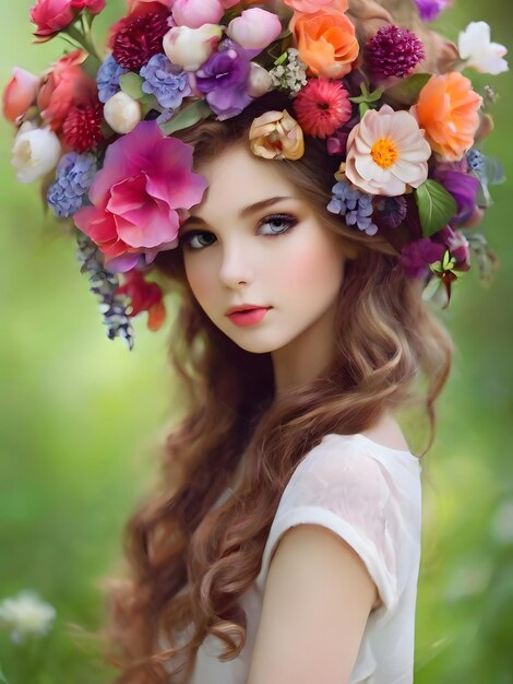 beautiful girl with flowers on a the head