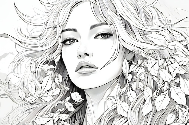 Photo beautiful girl with flowers in her hair handdrawn fashion illustration