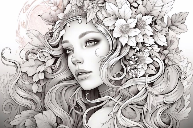 Beautiful girl with flowers in her hair Line art vector Coloring book page for adults