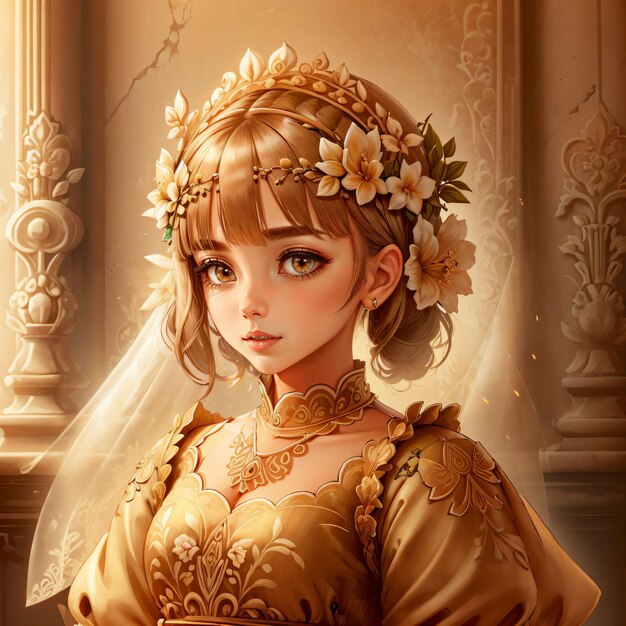 사진 그녀의 머리와 금 드레스에 꽃을 가진 아름 다운 소녀