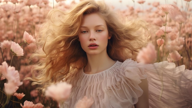 Фото Красивая девушка с летящими волосами в поле с цветами тонких оттенков высококачественного фото