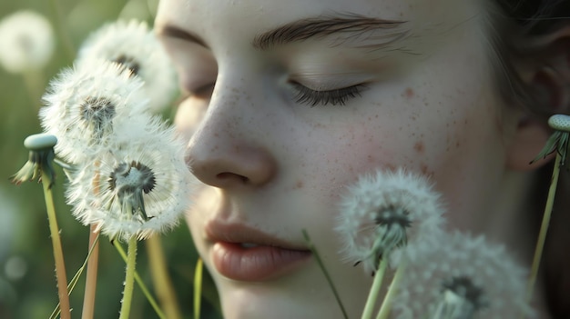 顔に斑点がある美しい女の子がお花畑に立っています彼女は目を閉じて新鮮な空気を深く吸っています