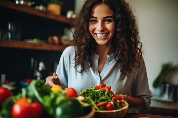 写真 野菜の健康食品のための果物の健康的な食事を持つ美しい女の子