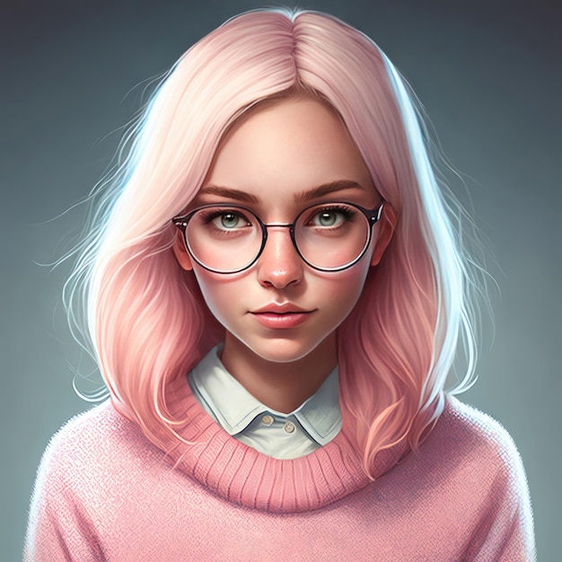 Beautiful girl with glasses pink hair and a sweater Generative AI