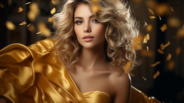 beautiful girl with golden hair and golden makeup