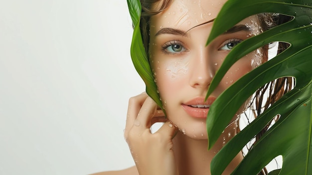 Beautiful girl with green leaf in studio beauty and fashion