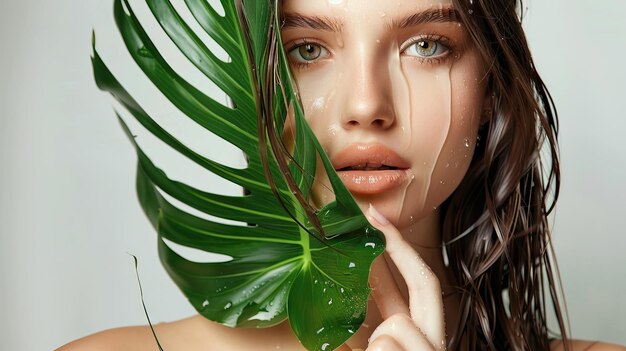 Beautiful girl with green leaf in studio beauty and fashion