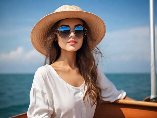 Beautiful girl with hat and sunglasses sit on boat on sea