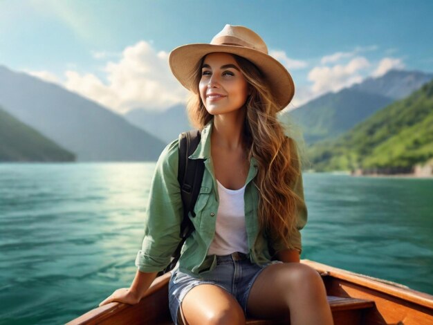 beautiful girl with hat and sunglasses sit on boat on sea