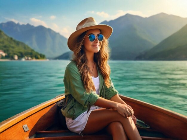 beautiful girl with hat and sunglasses sit on boat on sea