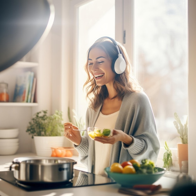 A beautiful girl with headphones is making an omelet