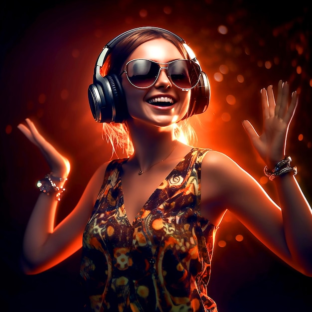 Beautiful girl with headphones and sunglasses on colorful background