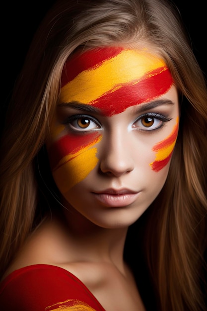 beautiful girl with her face painted with the Spanish flag