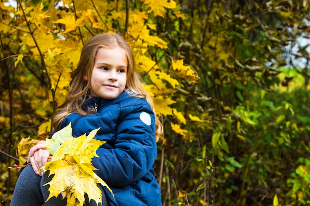 秋の公園で長いブロンドの髪を持つ美しい少女。黄色い紅葉を背景に金色の髪の毛を持つ茶色の目の少女