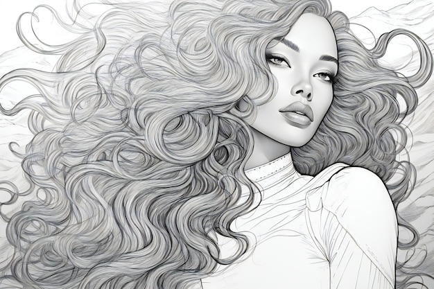 長い巻き毛を持つ美しい女の子の黒と白のイラスト