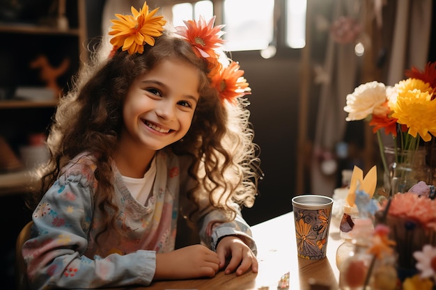 a beautiful girl with long curly hair sits in the rays of the sun at a table with flowers in her hai