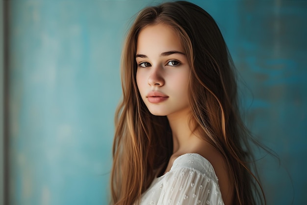 Beautiful Girl with Long Hair Blue Background