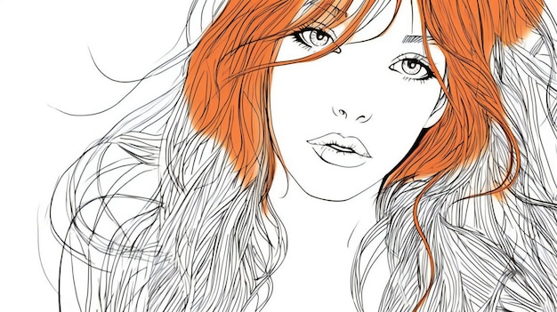 Photo beautiful girl with long hair handdrawn fashion illustration