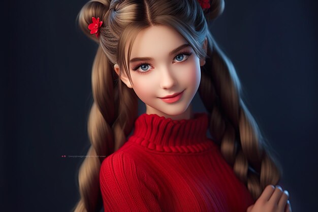 AIが生成した赤いドレスを着た長い髪の美しい女の子