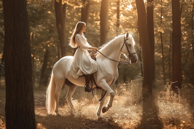 Beautiful Girl with Long Hair Wearing Dress Riding White Horse in the Woods Nature Background