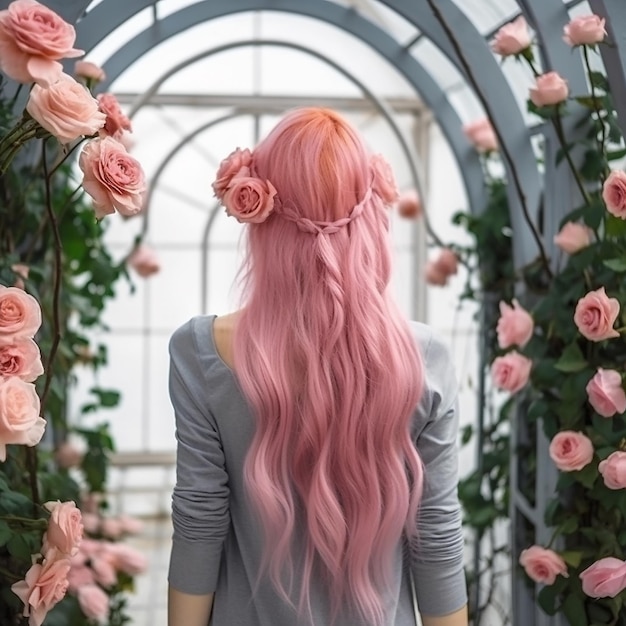 Beautiful girl with long pink hair on background of gazebos twined with pink roses color harmony